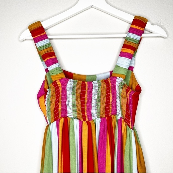Show Me Your Mumu Vibrant Colorful Stripe Fling Midi Dress In Getaway Stripe - Picture 7 of 8